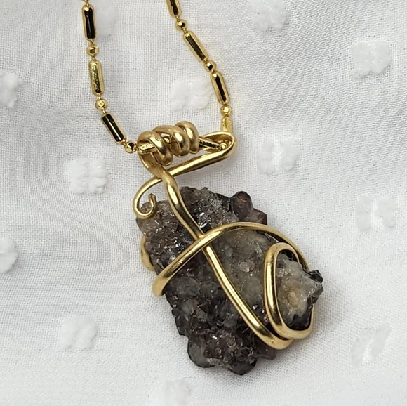 Gold Wired Crystal Necklace with Dark Smoky Quartz Stone - Picture 6 of 8